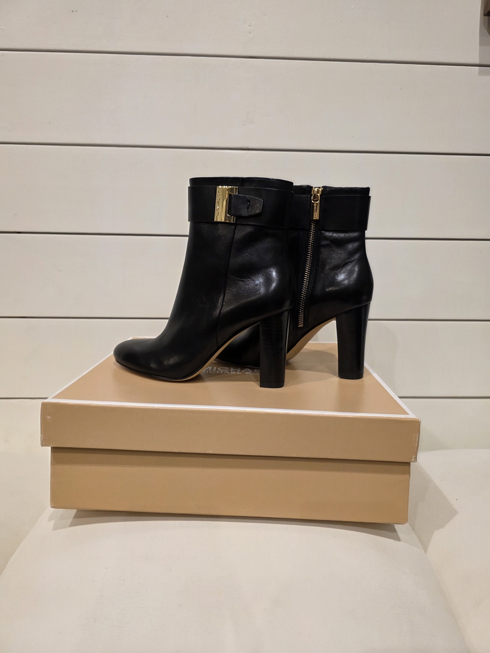 Michael Kors Black Leather Block Heel Ankle Boots with Gold Buckle
